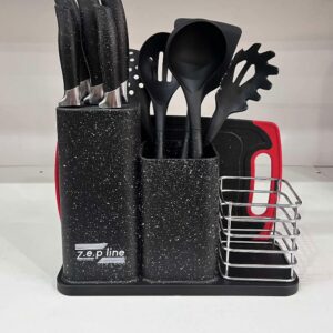 Набір ножів + кухонне начиння на підставці + обробна дошка (14 предметів) ZP — 045