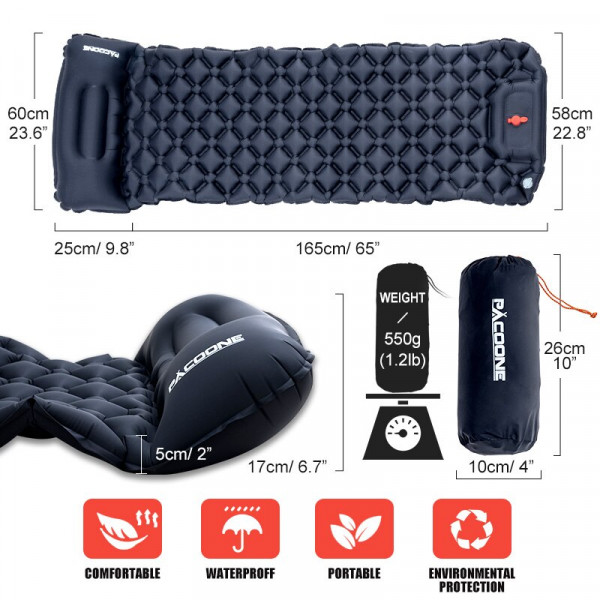 Туристичний надувний матрац із подушкою Outdoor Sleeping із вбудованим насосом Black - Image 3