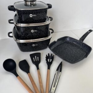 Набір кастрюль сотейник квадратна сковорода Higer Kitchen НК-317 з лопатками 14 предметів (Червоний, Чорний)