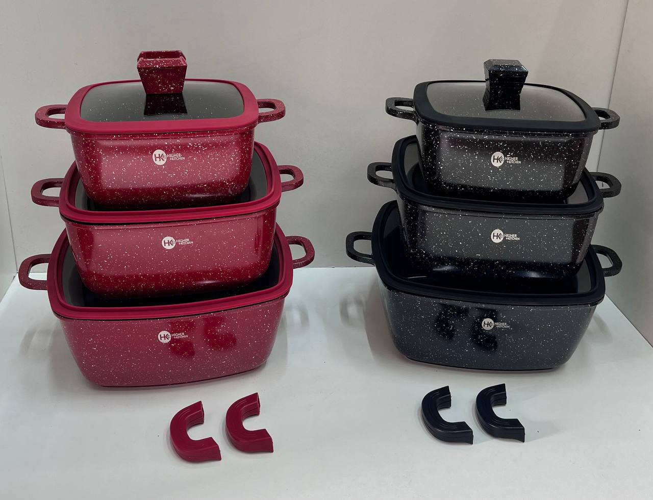 Набір квадратних каструль із силіконовими кришками Higher Kitchen HK 323 8 предметів (Червоний, Чорний) - Image 2