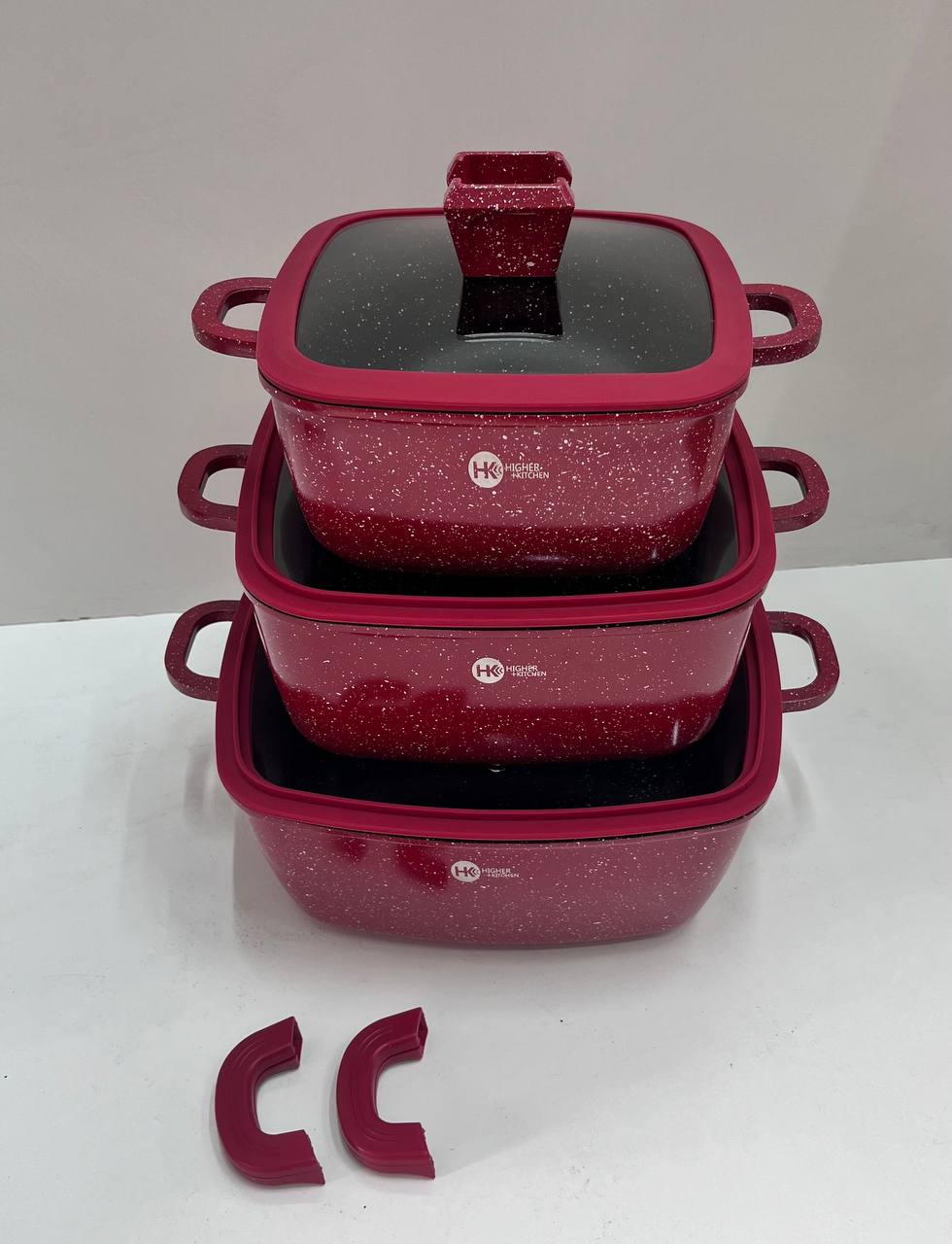 Набір квадратних каструль із силіконовими кришками Higher Kitchen HK 323 8 предметів (Червоний, Чорний) - Image 4