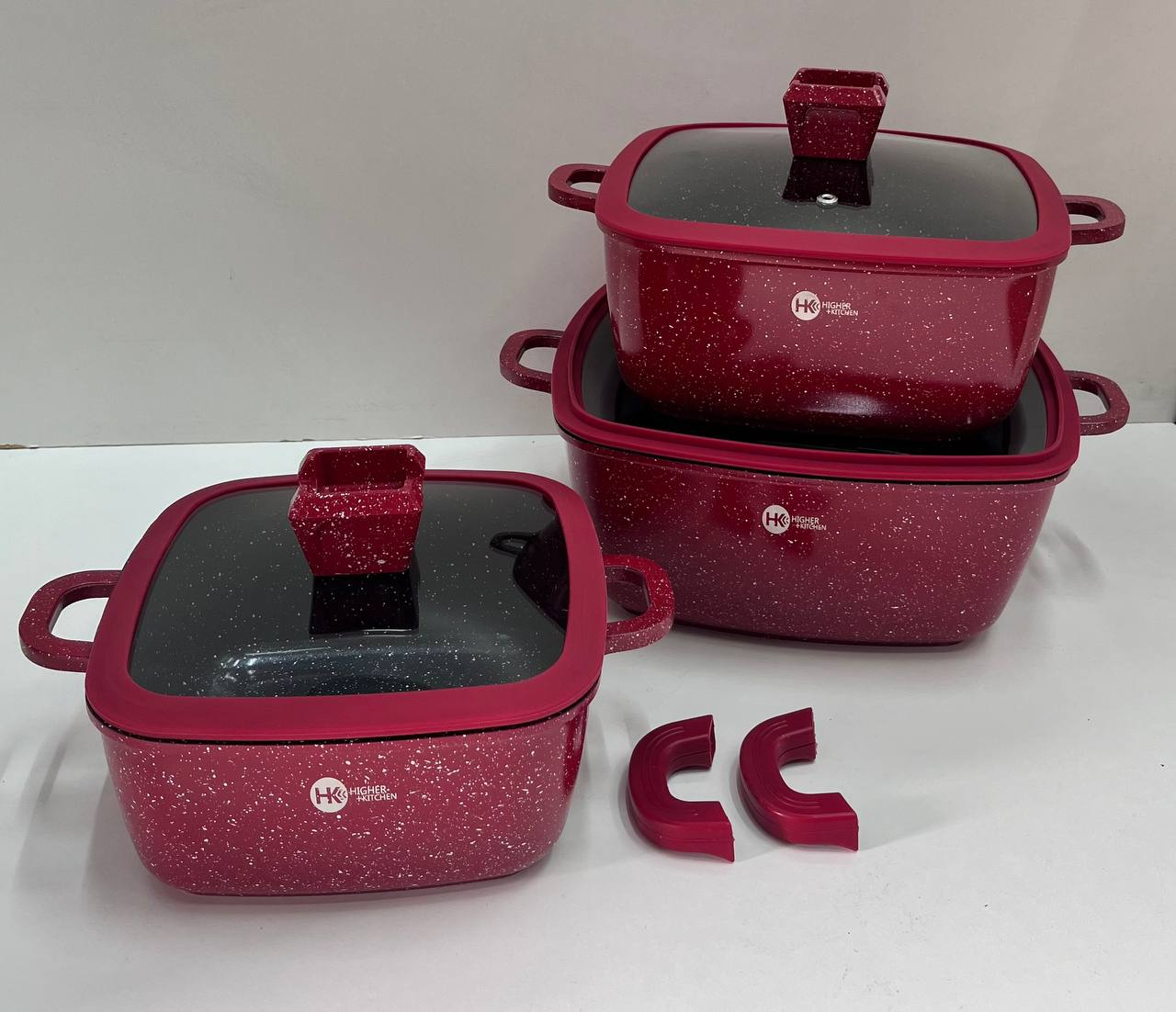 Набір квадратних каструль із силіконовими кришками Higher Kitchen HK 323 8 предметів (Червоний, Чорний) - Image 5