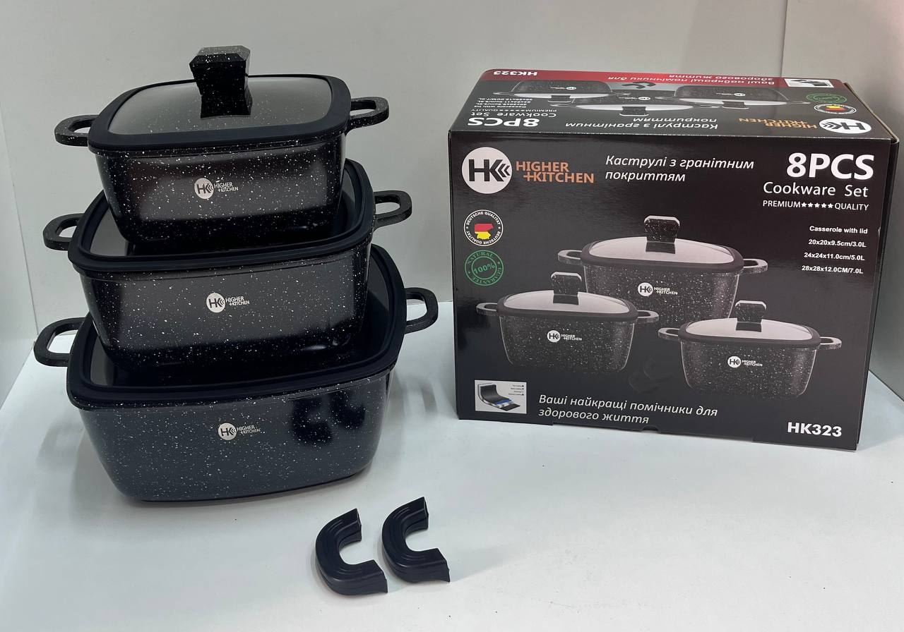 Набір квадратних каструль із силіконовими кришками Higher Kitchen HK 323 8 предметів (Червоний, Чорний) - Image 9