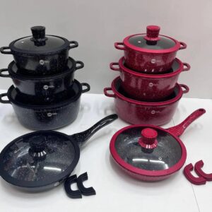 Набір кастрюль та сковорода Higher Kitchen HK-305, Набір посуду з антипригарним покриттям (Червоний, Чорний)
