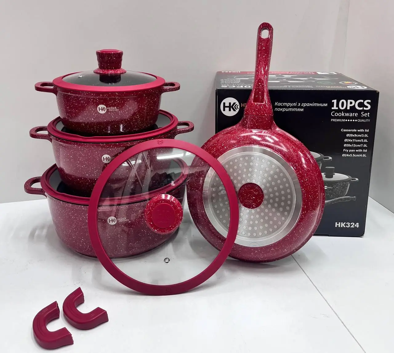 Набір кастрюль та сковорода Higher Kitchen HK-305, Набір посуду з антипригарним покриттям (Червоний, Чорний) - Image 5
