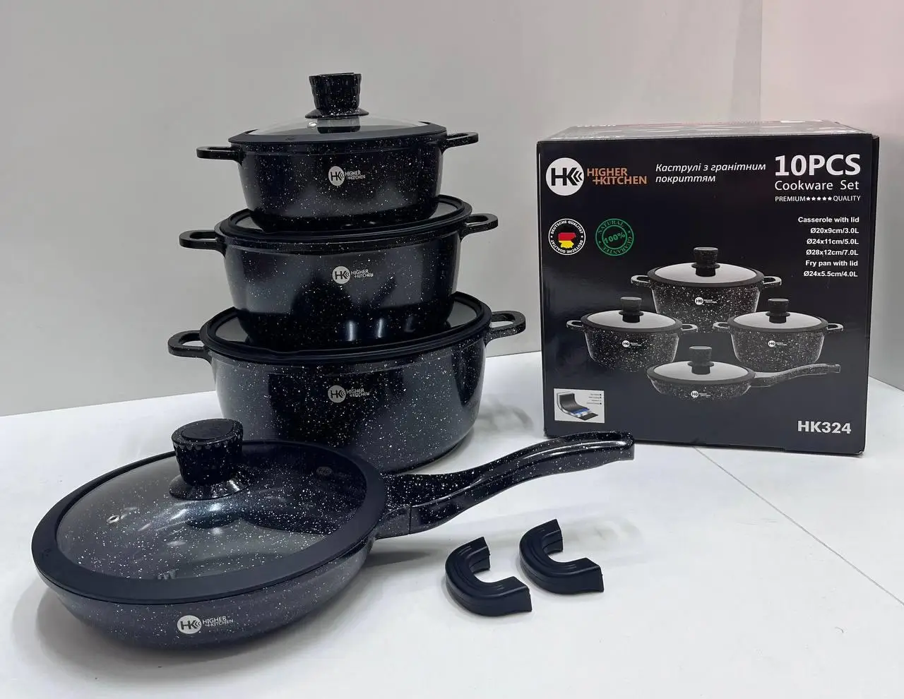 Набір кастрюль та сковорода Higher Kitchen HK-305, Набір посуду з антипригарним покриттям (Червоний, Чорний) - Image 9
