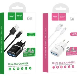 СЗУ адаптер 220V HOCO C12 2USB Smart + кабель iPhone 2.4A