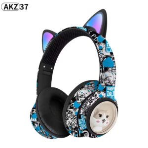 Безпроводові накладні навушники в стилі графіті з вушками AKZ-37 Bluetooth LED