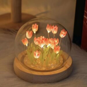 Світлодіодний нічник Тюльпані у скляній кулі з LED підсвічуванням на дерев'яній підставці Spherical lamp
