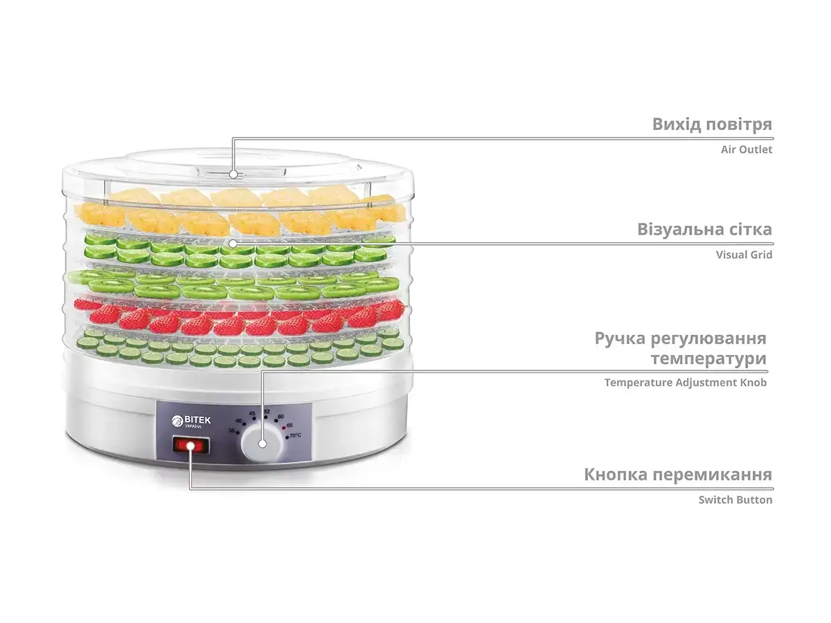 Сушарка для овочів та фруктів 1200Вт BITEK BT-6800 - Зображення 3