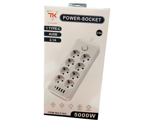 Підовжувач електричний Тк-9 (8×220В+4×USB+1×Type-C) Білий 3m