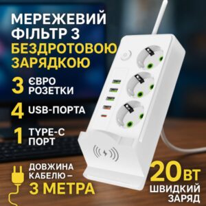 Сітковий фільтр Подовжувач USB з бездротовою зарядкою Тк-17 (3×220В+4×USB+1×Type-C), Білий, 3 м