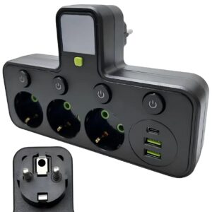 Сітковий фільтр трійник з підсвічуванням 3 розетки (2 USB+Type-C) Чорний