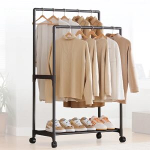 Підвійна стійка-вішалка 112×56×30 см на колесах з поліцею для взуття YH9918-1