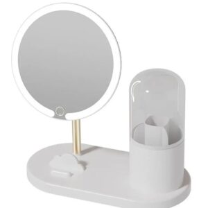 Дзеркало з LED підсвічуванням кругле + тубус для зберігання косметики (6016) (Біле)