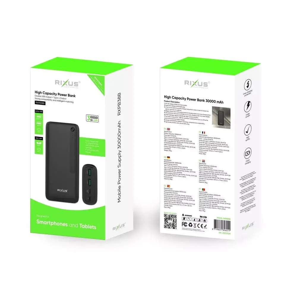 Павербанк Rixus 30000 mAh RXPB38B 22.5W Fast Charg 3 порти USB + Type-C швидка зарядка Power Bank - Image 2
