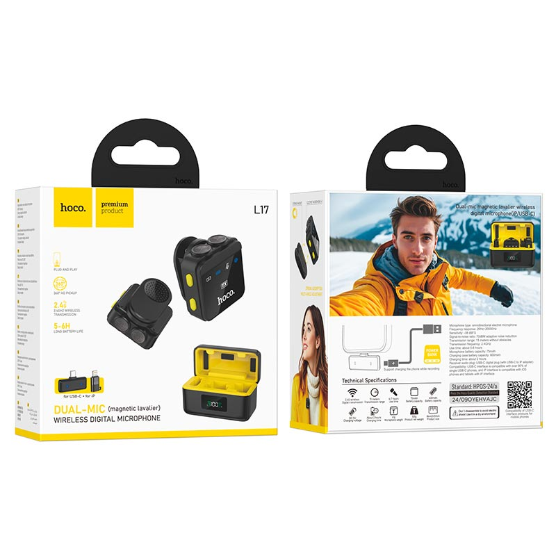 Мікрофон HOCO L17 петличний підвійний бездротовий Dual-mic magnetic (iP/Type-C) - Image 2