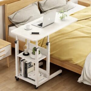 Приставний столик T-80 із регульованою висотою на колесиках із двома полками, 80x40x60-85 см. Білий