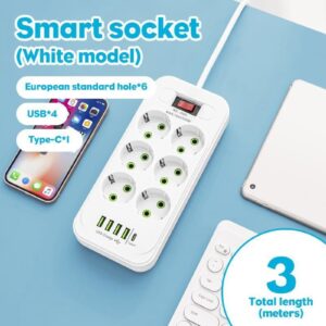 Підовжувач мережевий фільтр D6 (6×220В+4×USB+1×Type-C) Білий 3m