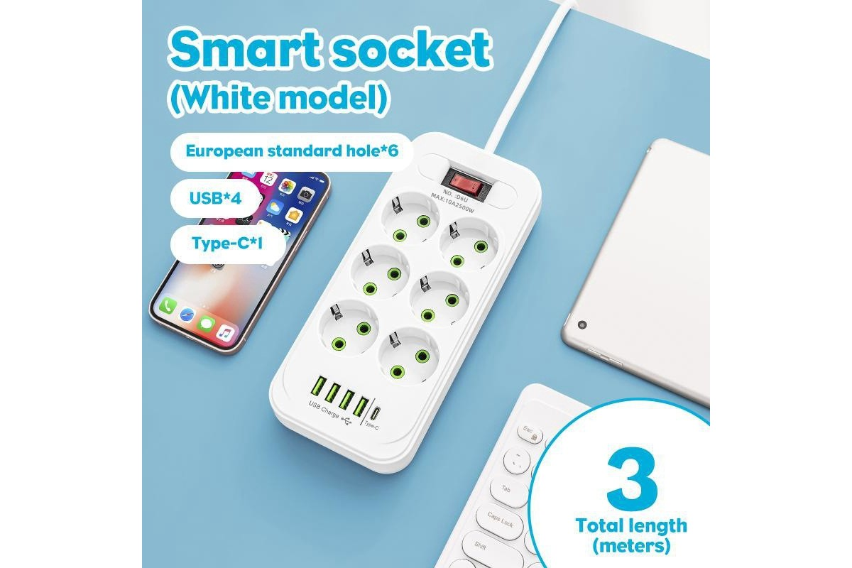 Підовжувач мережевий фільтр D6 (6×220В+4×USB+1×Type-C) Білий 3m