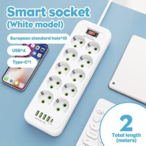 Сітковий фільтр Подовжувач USB D10 (10×220В+4×USB+1×Type-C) Білий, 5 м