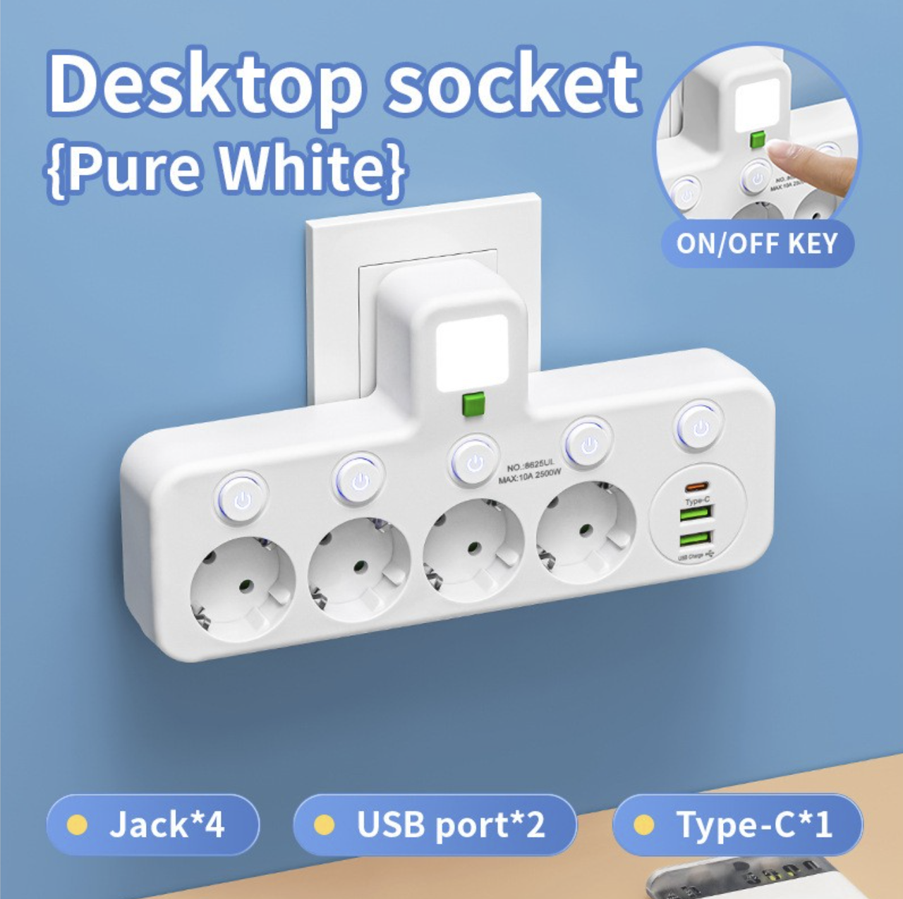 Сітковий фільтр 4 розетки з підсвічуванням (8625UL) (4-220V, 2-USB, 1-PD (Type-C))