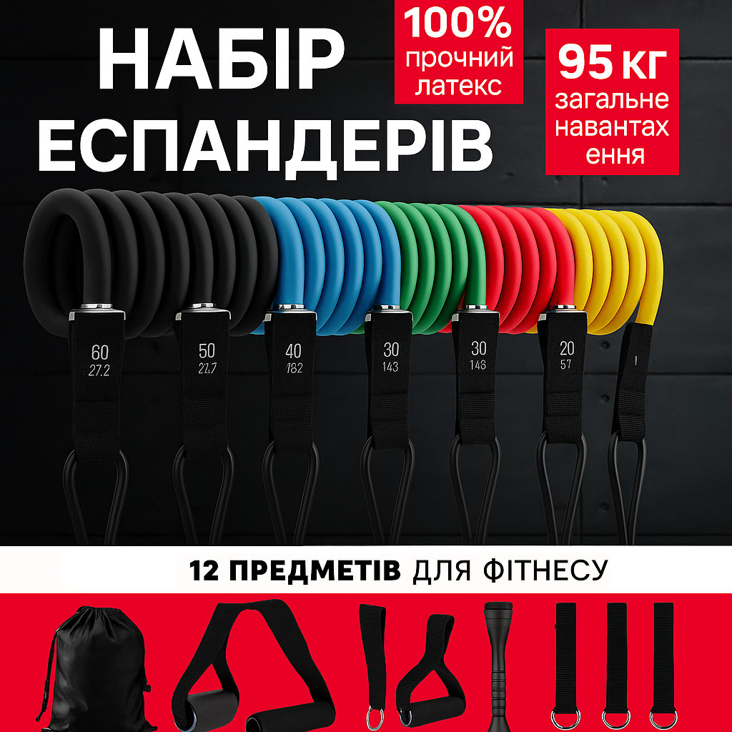 Еспандер гума для зарядок exercise pipe, еспандер гумовий джгут вправи, Фітнес гумки 5 в 1 - Зображення 45